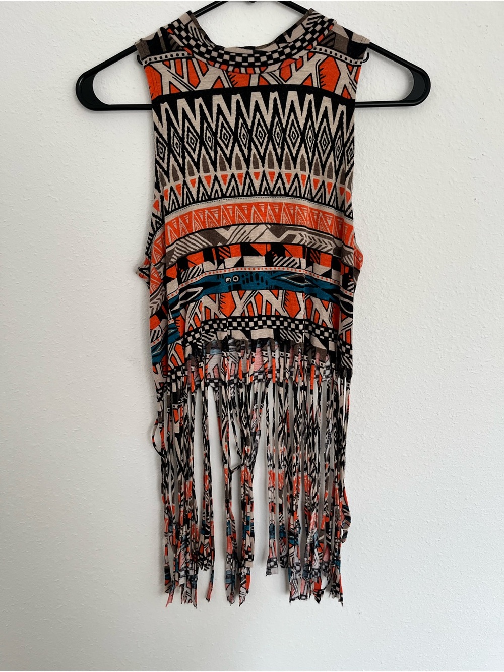 Fringed Aztec Print Tank Top - Orange Multi